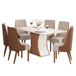 Mesa de Jantar Luíza Tampo de MDF com 6 Cadeiras Ivy Off White/Nature/Corano Caramelo/Suede Creme - Móveis Henn