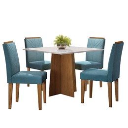 Mesa de Jantar Marina 100x100 com 4 Cadeiras Amanda Ipê/Off White/Azul Claro - PR Móveis