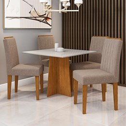 Mesa de Jantar Marina 100x100 com 4 Cadeiras Ana Ipê/Off White/ Marrom Claro - PR Móveis 