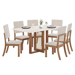 Mesa de Jantar Natalí Tampo de MDF com 6 Cadeiras Milla Nature/Off White/Suede Linho - Móveis Henn