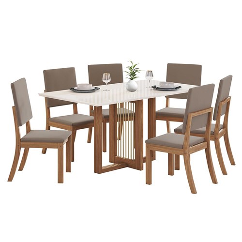 Mesa de Jantar Natalí Tampo de MDF com 6 Cadeiras Milla Nature/Off White/Veludo Marrom Amêndoa - Móveis Henn