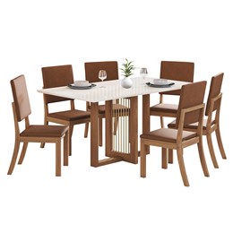 Mesa de Jantar Natalí Tampo de MDF com 6 Cadeiras Milla Plus Nature/Off White/Corano Caramelo - Móveis Henn