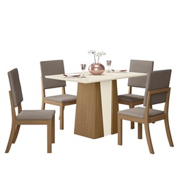 Mesa de Jantar Orus Tampo de MDF com 4 Cadeiras Milla Nature/Off White/Veludo Marrom Amêndoa - Móveis Henn