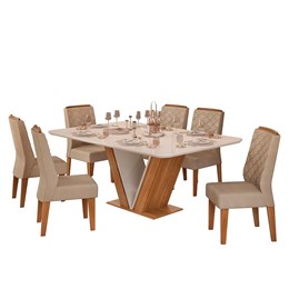 Mesa de Jantar Rute com 6 Cadeiras Lidia Carvalho Nobre/Off White/Kraft - PR Móveis  
