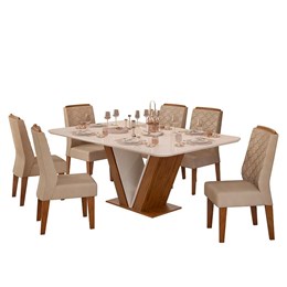 Mesa de Jantar Rute com 6 Cadeiras Lidia Freijó/Off White/Kraft - PR Móveis  