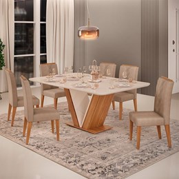 Mesa de Jantar Rute com 6 Cadeiras Yasmin Carvalho Nobre/Off White/Kraft - PR Móveis  