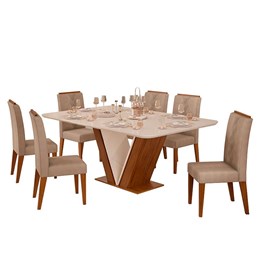 Mesa de Jantar Rute com 6 Cadeiras Yasmin Freijó/Off White/Kraft - PR Móveis  