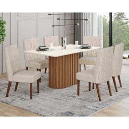 Mesa de Jantar Solana Tampo de MDF com 6 Cadeiras Eloá Nature/Off White/Suede Linho - Móveis Henn