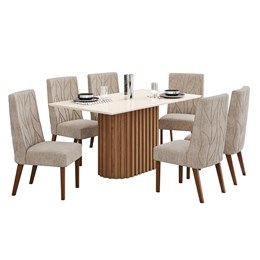 Mesa de Jantar Solana Tampo de MDF com 6 Cadeiras Eloá Nature/Off White/Veludo Creme - Móveis Henn