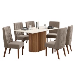 Mesa de Jantar Solana Tampo de MDF com 6 Cadeiras Eloá Nature/Off White/Veludo Marrom Amêndoa - Móveis Henn