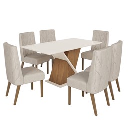 Mesa de Jantar Solus Tampo de MDF com 6 Cadeiras Eloá Nature/Off White/Suede Linho - Móveis Henn