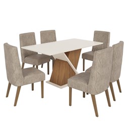 Mesa de Jantar Solus Tampo de MDF com 6 Cadeiras Eloá Nature/Off White/Veludo Creme - Móveis Henn 