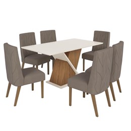 Mesa de Jantar Solus Tampo de MDF com 6 Cadeiras Eloá Nature/Off White/Veludo Marrom Amêndoa - Móveis Henn