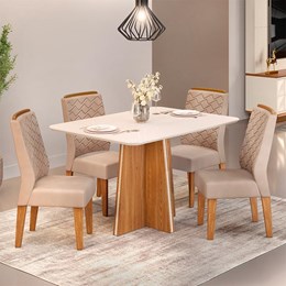 Mesa de Jantar Vanda com 4 Cadeiras Lidia Carvalho Nobre/Off White/Kraft - PR Móveis  