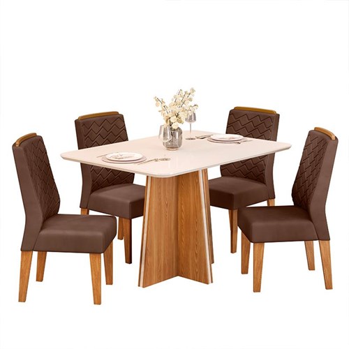 Mesa de Jantar Vanda com 4 Cadeiras Lidia Carvalho Nobre/Off White/Moca - PR Móveis  
