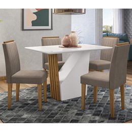 Mesa de Jantar Veneza 120x80 com 4 Cadeiras Ana Ipê/Off White/Marrom Rosê - PR Móveis 