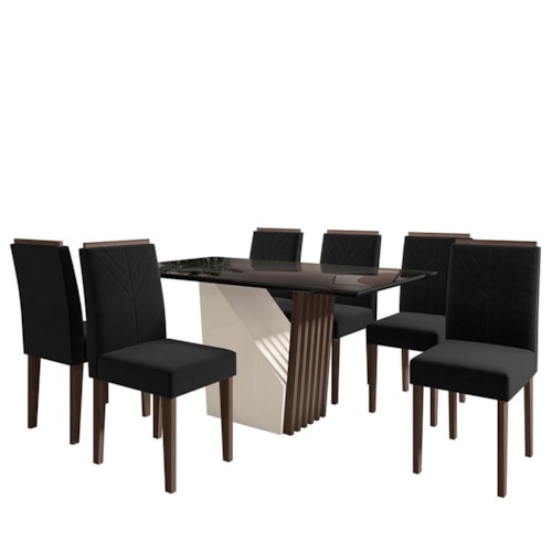 Mesa de Jantar Veneza 160x90 com 6 Cadeiras Amanda Imbuia/Preto/Veludo Preto - New Ceval