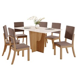 Mesa de Jantar Vértice Tampo de MDF com 6 Cadeiras Milla Nature/Off White/Veludo Marrom Amêndoa - Móveis Henn