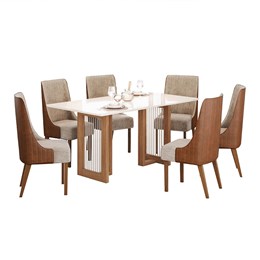 Mesa de Jantar Yara Tampo de MDF com 6 Cadeiras Ivy Nature/Off White/Corano Caramelo/Suede Creme - Móveis Henn