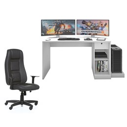 Mesa para Computador Desk Gamer DRX-3000 Branco com Cadeira Giratória Preto - PR Móveis