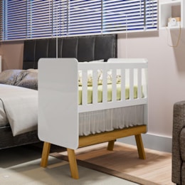 Mini Berço Guti Retrô Branco Brilho/Amêndoa com Colchão - Móveis Peroba