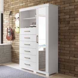 Multi-Cômoda Marabá 1.6 1 Porta 6 Gavetas Branco com Pés e Espelho - Santos Andirá Multi-Cômoda Marabá 1.6 1 Porta 6 Gavetas Branco com Pés e Espelho - Santos Andirá