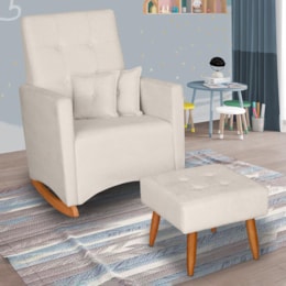 Poltrona de Amamentação Ana com Balanço Pés Canoa e Puff Bouclê Off White - Fratello