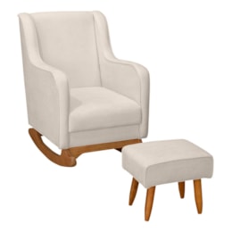 Poltrona de Amamentação Áquila com Balanço Pés Canoa e Puff Bouclê Off White - Fratello