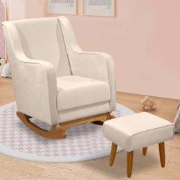 Poltrona de Amamentação Áquila com Balanço Pés Canoa e Puff Veludo Off White - Fratello