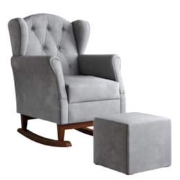 Poltrona de Amamentação com Balanço Letícia Pé Canoa e Puff Veludo Cinza - Phoenix Baby   Poltrona de Amamentação com Balanço Letícia Pé Canoa e Puff Veludo Cinza - Phoenix Baby