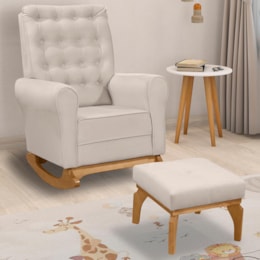 Poltrona de Amamentação Paris com Balanço Pés Canoa e Puff Veludo Off White - Fratello
