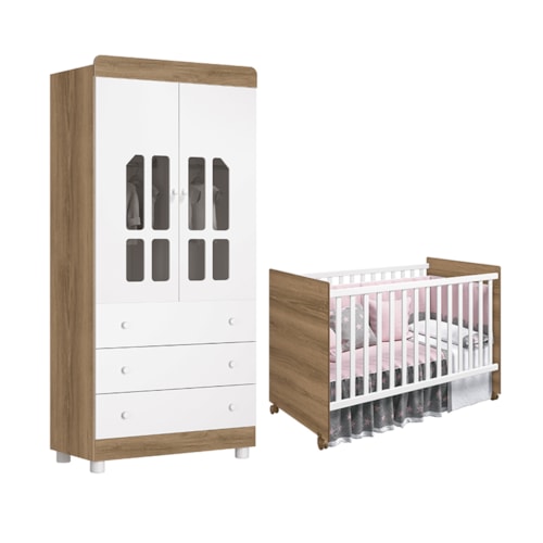 Quarto Infantil com Guarda Roupa 2 Portas Katatau e Berço Tico Branco/Mezzo - Reller Móveis