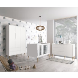 Quarto Infantil Theo 3 portas Branco Fosco com Pés Madeira Natural - Reller Móveis