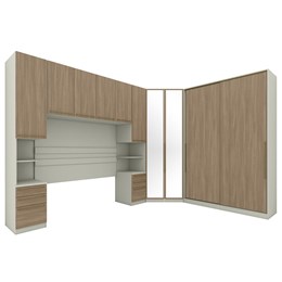 Quarto Modulado Casal Seletto 5 Peças com Closet Areia/Jequitibá e Espelho - Móveis Henn 