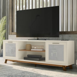 Rack Bancada Arcade Usinado 1.8 para TV até 75” Cinamomo Mel/Off White - PR Móveis  