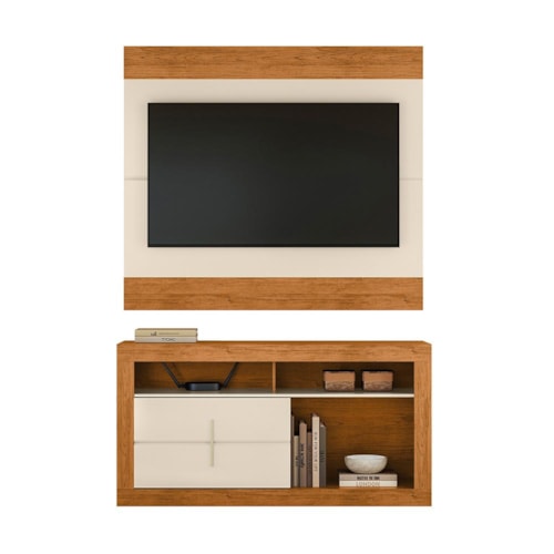 Rack Bancada com Painel Búzios Off White/Canela para TV até 55” - Mobler