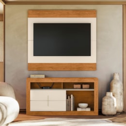 Rack Bancada com Painel Búzios Off White/Canela para TV até 55” - Mobler