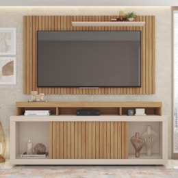Rack Bancada com Painel New Oscar Ripado Buriti/Off White para TV até 60” - Caemmun  Rack Bancada com Painel New Oscar Ripado Buriti/Off White para TV até 60” - Caemmun