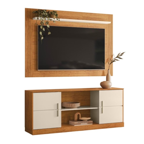 Rack Bancada com Painel Palmas Canela/Off White para TV até 60” - Mobler