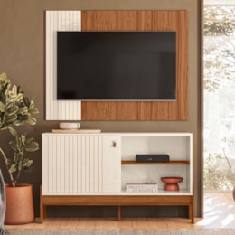 Rack Bancada com Painel Wood 120cm Pérola Metalizado/Cinamomo Mel para TV até 42” - Mobler