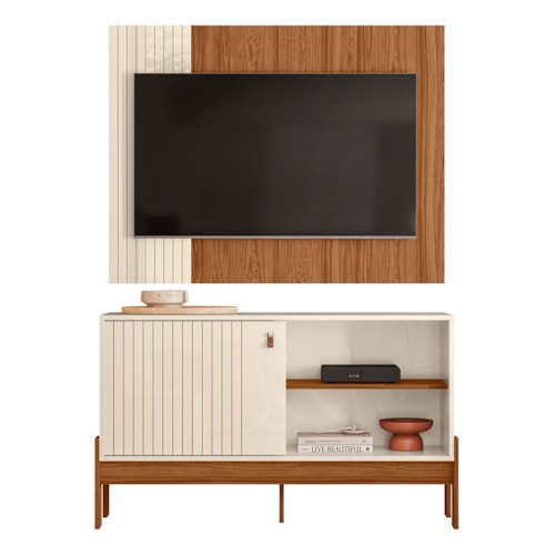 Rack Bancada com Painel Wood 120cm Pérola Metalizado/Cinamomo Mel para TV até 42” - Mobler