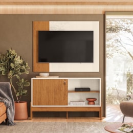 Rack Bancada com Painel Wood Canela/Off White para TV até 42” - Mobler