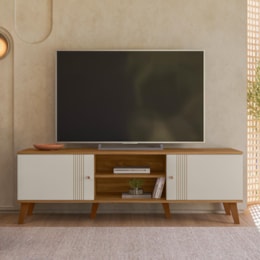 Rack Bancada Denver 160cm Nature/Off White para TV até 65” - Peternella Móveis  Rack Bancada Denver 160cm Nature/Off White para TV até 65” - Peternella Móveis
