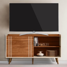 Rack Bancada New Austin 135,7cm Cinamomo Mel/Pérola Metalizado para TV até 50” - Mobler
