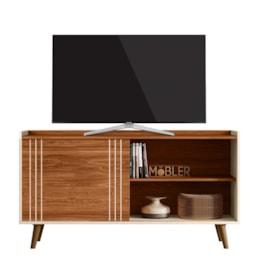 Rack Bancada New Austin 135,7cm Cinamomo Mel/Pérola Metalizado para TV até 50” - Mobler