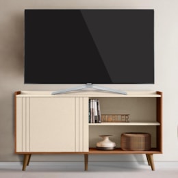 Rack Bancada New Austin 135,7cm Pérola Metalizado/Cinamomo Mel para TV até 50” - Mobler