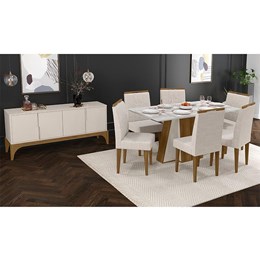Sala de Jantar Amalfi com Buffet, Mesa de Jantar Canela/Off White e 6 Cadeiras Creta Canela/Champagne - PR Móveis 