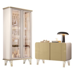 Sala de Jantar com Cristaleira Évora e Balcão Buffet Benvenuto Off White/Champanhe - HB Móveis