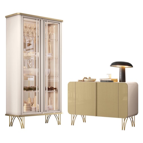 Sala de Jantar com Cristaleira Évora e Balcão Buffet Benvenuto Off White/Champanhe - HB Móveis