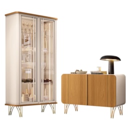Sala de Jantar com Cristaleira Évora e Balcão Buffet Benvenuto Off White/Cinamomo - HB Móveis Sala de Jantar com Cristaleira Évora e Balcão Buffet Benvenuto Off White/Cinamomo - HB Móveis